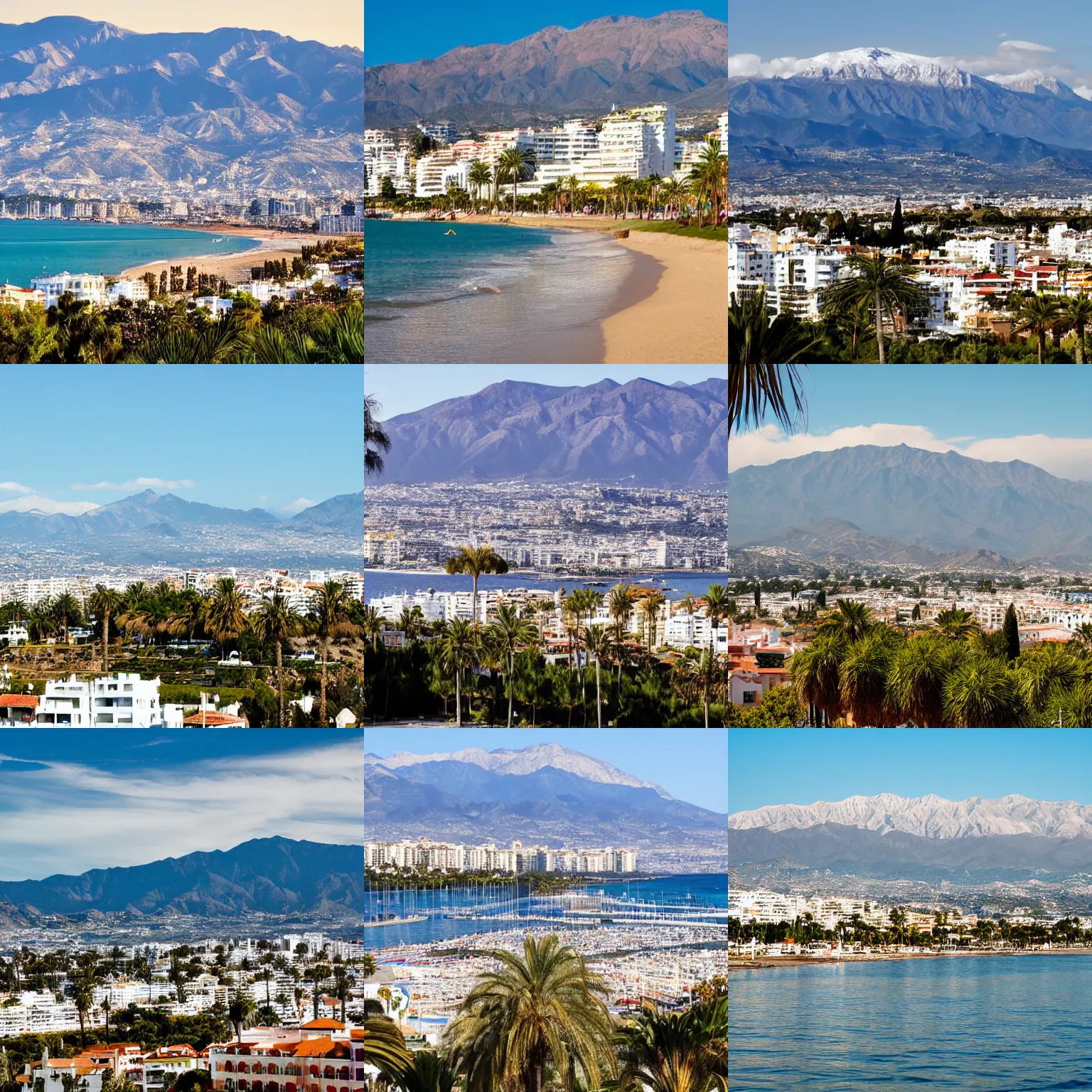 Prompt: marbella city, beach in the foreground, mountains in the background