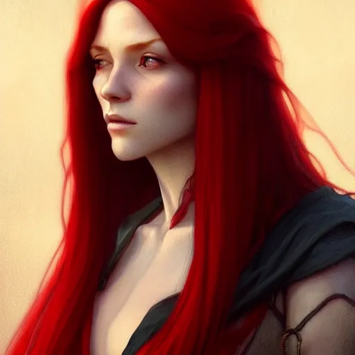 Image similar to long fancy red hair rogue, portrait, gentle, solemn face, cloth, female, city background, d & d, fantasy, intricate, elegant, digital painting, red green color palette, artstation, octane render, concept art, matte, sharp focus, illustration, herrarthstone, art by artgerm and greg rutkowski and alphonse mucha