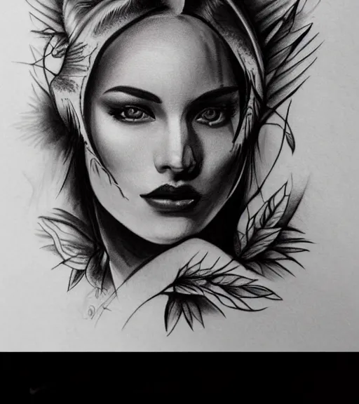 Image similar to tattoo design sketch of a very beautiful woman face against a background of beautiful mountains and nature, hyper - realistic, in the style of den yakovlev, amazing detail, black and white