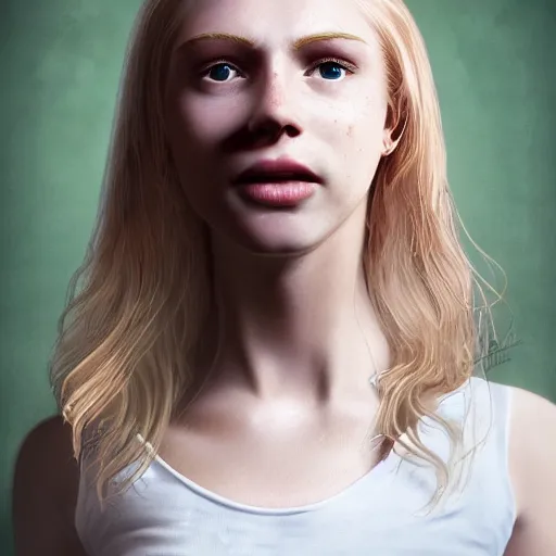 Image similar to Portrait of a Strawberry-Blonde Girl, Young Beautiful Face, Green Eyes, Freckles, Wearing a white crop-top and jeans, with a subtle smile, Detailed, 8K, Epic, Charming, Character, Octane Rendering, Hyper Realistic