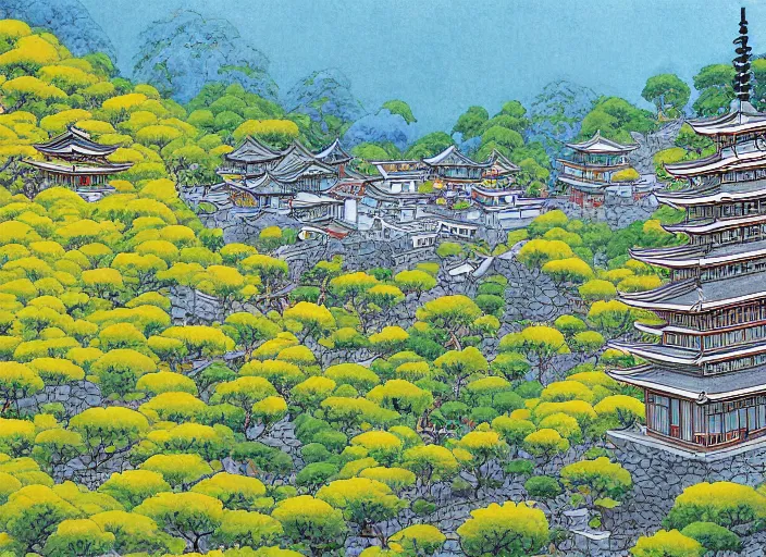 Image similar to japanese yellow fortress in a city inside the arashiyama forest by studio ghibli painting