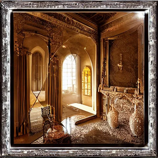 Prompt: castle interior with a magical mirror with silver frames floating around while shooting magic, digital art