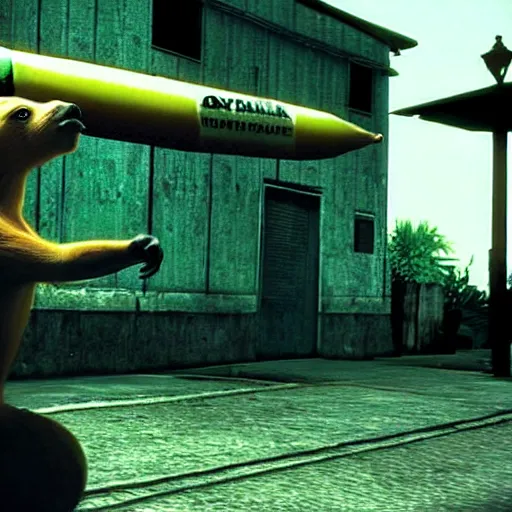 Image similar to capybara with a banana on its head. screenshot from max payne game