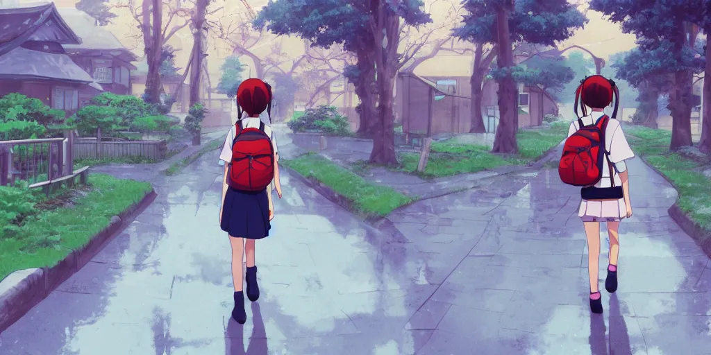 Prompt: schoolgirl with backpack walking home from school in a japanese suburb with high redwood trees. puddles after the rain. neo - georgian city blocks and stone brick retaining walls near the sidewalk. anime studio ghibli screenshot trending on artstation.