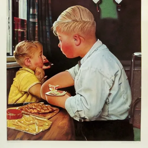 Prompt: painting of a boy with blonde hair watching an obese woman pray before she eats her hamburger, set in a diner, 1950’s, highly detailed, by Norman Rockwell,