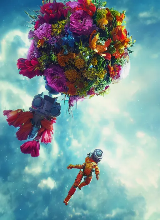 Image similar to An epic fantastic realism comic book style painting of the most beautiful flowers launched into space, bouquets, fisheye lens, unreal 5, DAZ, hyperrealistic, octane render, dynamic lighting