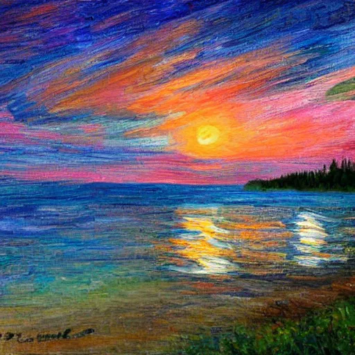 Image similar to midnight shores of the Bruce Peninsula, impressionism