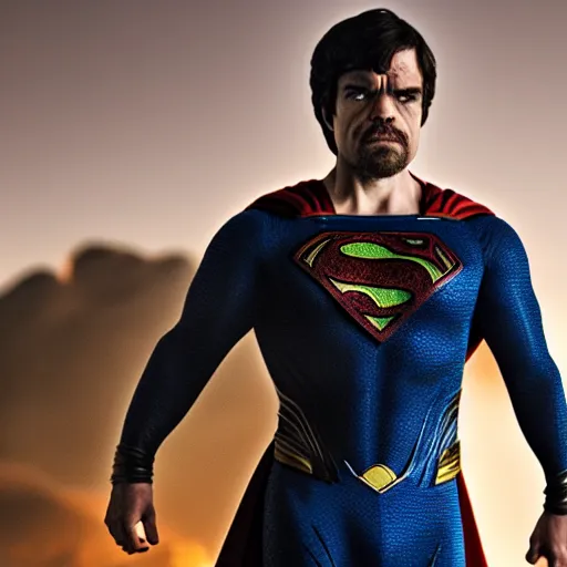 Image similar to stunning awe inspiring peter dinklage as superman, movie still 8 k hdr atmospheric lighting