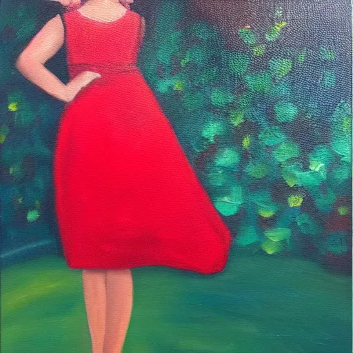 Prompt: oil painting of a girl in a red dress on a date night