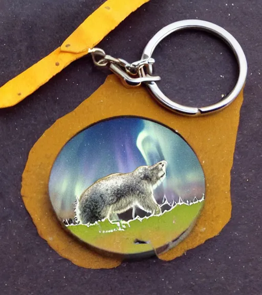 Image similar to keychain of a realistic bear eating a salmon under the northern lights