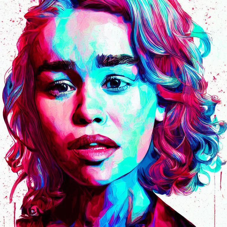 Image similar to Pop-art portrait of Emilia Clarke in style of glitchcore, photorealism