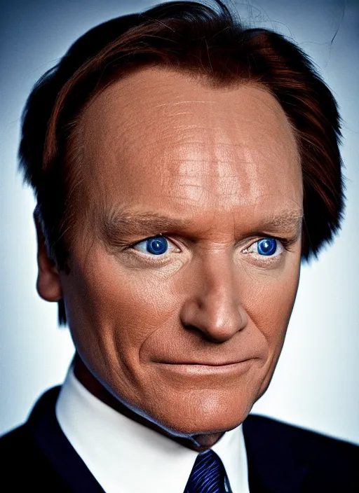 Image similar to platon closeup photograph of norm conan obrien in a suit, photorealistic, studio lighting, ektachrome, detailed, intricate, face detail