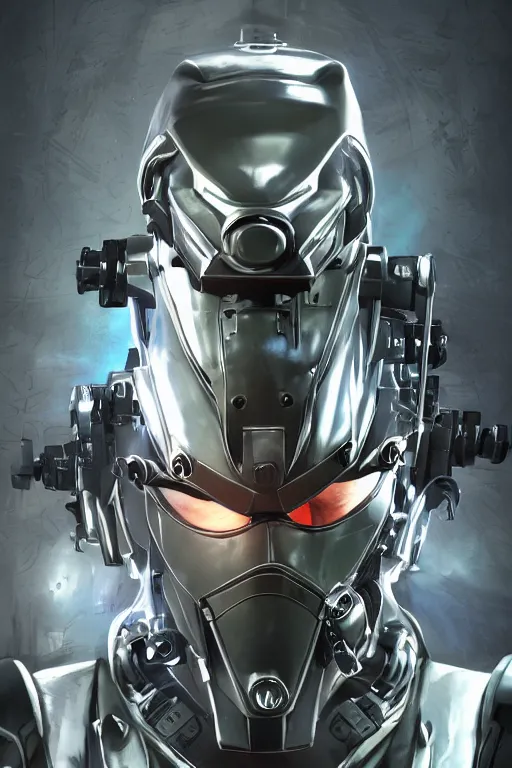 Image similar to cyber cyborg ninja mask helmet metal gear solid artic suit swat commando, global illumination ray tracing hdr fanart arstation by sung choi and eric pfeiffer and gabriel garza and casper konefal, a spectacular view cinematic rays of sunlight comic book illustration, by john kirby