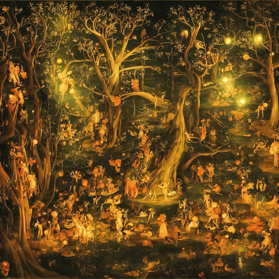 Prompt: renaissance painting of a night carnival around a magical tree cavity, with a surreal orange moonlight and fireworks in the background, next to a lake with iridiscent water, christmas lights, folklore animals and people disguised as fantastic creatures in a magical forest by summer night, masterpiece painted by koson ohara, scene by night, dark night environment, refraction lights, glares