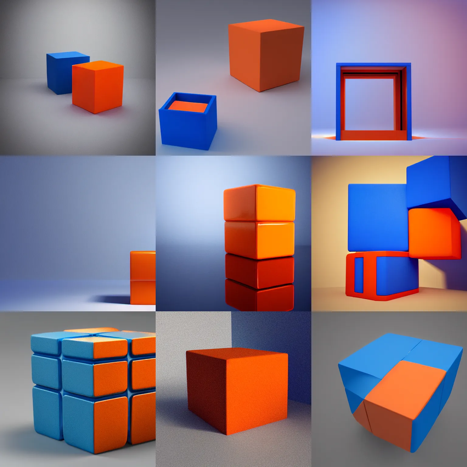 Image similar to one blue cube and one orange cube, 3 3 8 8, studio light, studio photo, 7 9 9 7, octane render