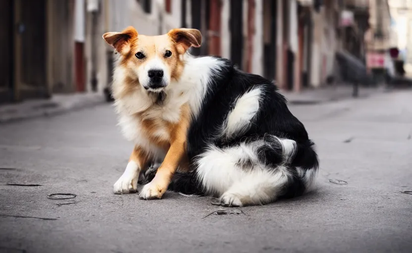 Image similar to studio photography of a sad dog sitting alone on a street, detailed face, 8 k