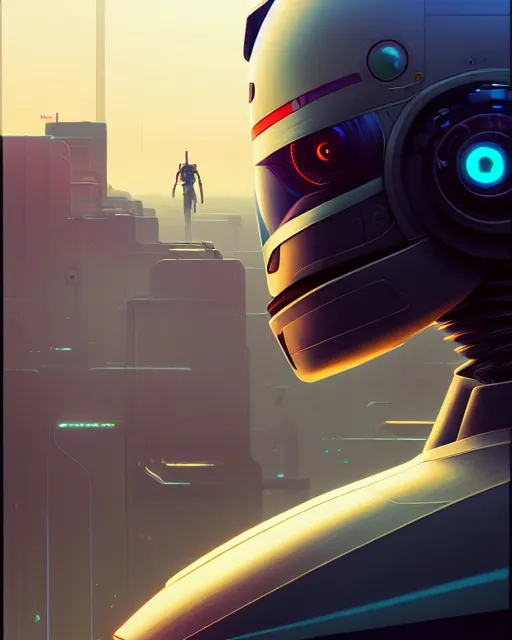 Image similar to hyper - realistic portrait of a futuristic robot, gta v cover art, celshading, sharp focus, intricate, detailed, rhads, andreas rocha, makoto shinkai, lois van baarle, ilya kuvshinov, greg rutkowski, dynamic lighting, grunge aesthetic, 4 k