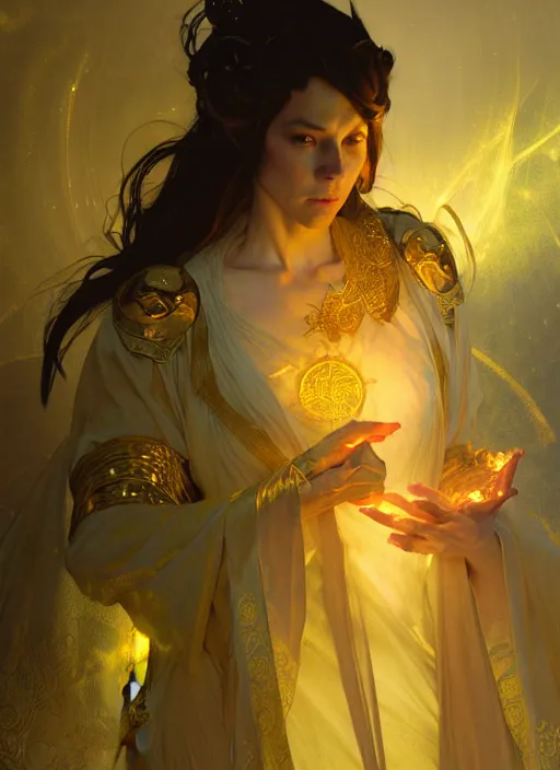 Prompt: a well endowed female mage wearing thin gold robes, intricate concept art, ethereal, enchanted, ominous, dramatic lighting, illuminated lines, dark background, 8 k, by ruan jia and krenz cushart and alphonse mucha