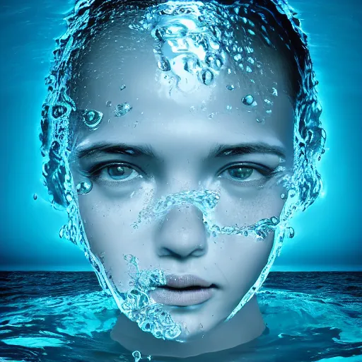 Image similar to water artwork manipulation in the shape of a human head, on the ocean water, futuristic, jelly, gradient, hyper realistic, ray tracing, realistic water, sharp focus, long shot, 8 k resolution, cinematic, photoshop water art