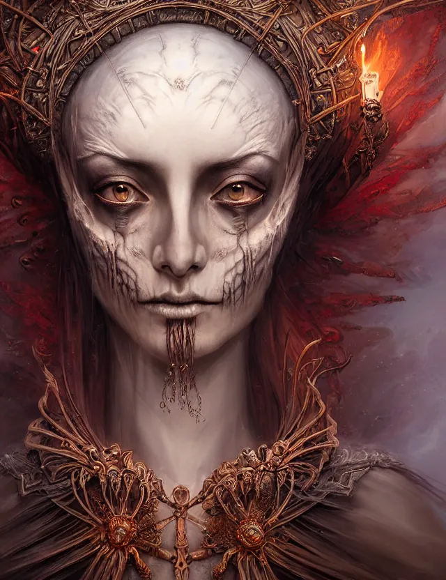 Image similar to a beautiful detailed 3d matte painting of face portrait of female empress of the dead, by ellen jewett, tomasz alen kopera and Justin Gerard, symmetrical features, ominous, magical realism, texture, intricate, ornate, royally decorated, skull, skeleton, whirling smoke, embers, red adornements, red torn fabric, radiant colors, fantasy, trending on artstation, volumetric lighting, micro details, 3d sculpture, ray tracing, 8k