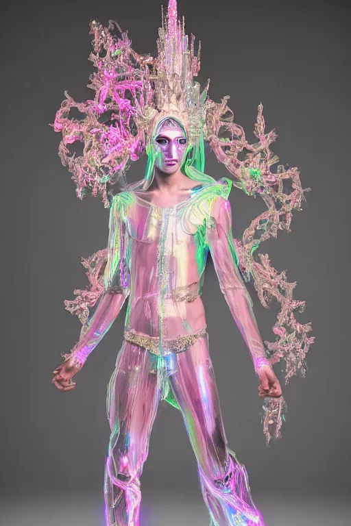 Prompt: full-body rococo and cyberpunk delicate neon crystalline sculpture of (((muscular slender prince Zayn Malik))) as an iridescent humanoid deity wearing a thin see-through ((plastic hooded cloak)) sim roupa (holding a human skull), reclining con (las piernas abiertas), glowing pink face, crown of (((white lasers))), large diamonds, swirling black silk fabric. futuristic elements. oozing glowing liquid, full-length view. space robots. intricate artwork by caravaggio. Trending on artstation, octane render, cinematic lighting from the right, hyper realism, octane render, 8k, depth of field, 3D