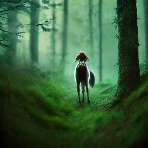 Prompt: a princess mononoke photograph in the woods at night, overgrown grass, dramatic, animals, gloomy, volumetric light, ground mist, featured on art station
