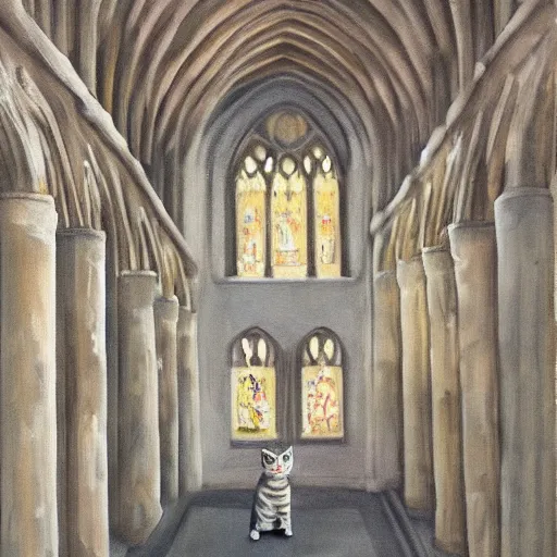 Prompt: oil painting extreme wide shot of a white and grey tabby cat wearing a hufflepuff scarf, in the Gloucester Cathedral cloisters, realistic, in the style of Harry Potter