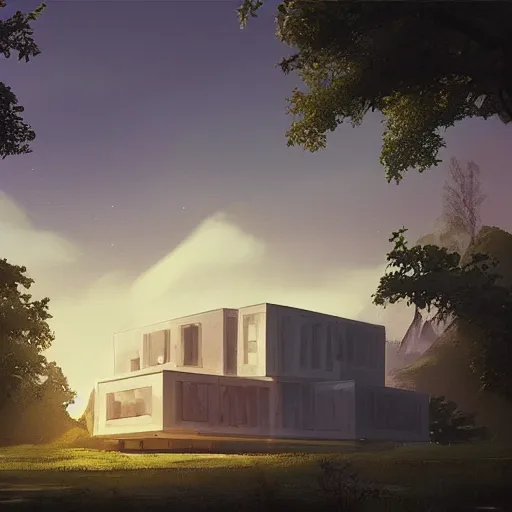 Image similar to rectangular house inspired by a tibetan palace between big trees, yellow clouds, dramatic lighting, artstation, matte painting, raphael lacoste, simon stalenhag, frank lloyd wright, zaha hadid