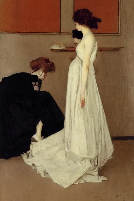 Prompt: european woman in a gown getting ready for a party, bloom flowers, modern, eclectic, illustration, by ramon casas