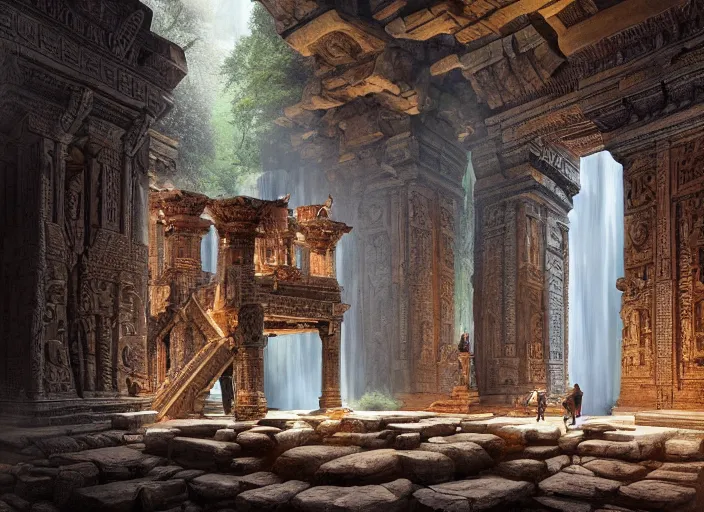 Image similar to An amazing interior of the temple of the gods of nature, intricate details, vast open interior, amazing and tall waterfalls, dramatic lighting, digital art, trending on Artstation, dark, hyper-realistic, detailed