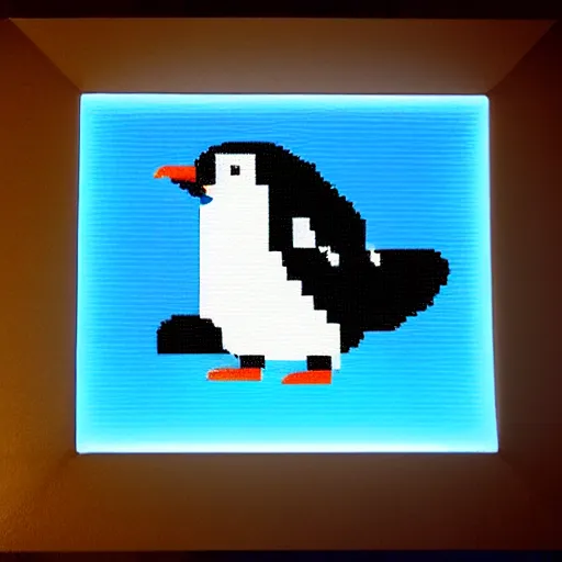 Image similar to pixel art of a penguin climbing a mountain. backlit with blue light at midnight