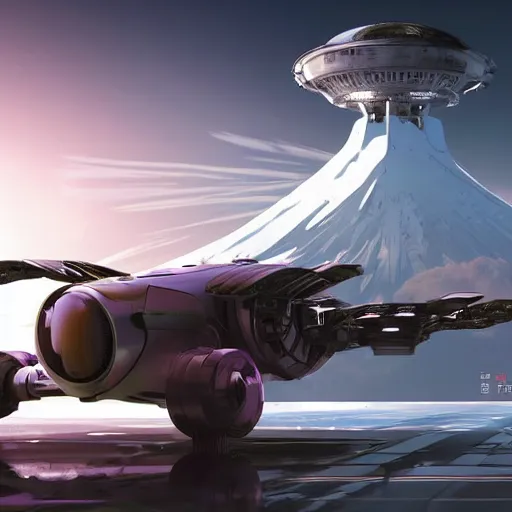 Prompt: a futuristic dieselpunk vehicle hover craft in the future of 2 0 8 9 futuristic version, cyberpunk look. digital art. trending on artstation. cyberpunk look hovering by mount fuji early in the morning with a few blossom trees around, high quality photo