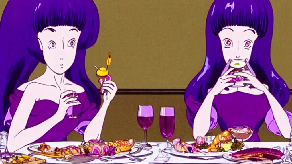 Image similar to a woman wearing a purple dress and wearing a purple slug mask eating dinner at a fancy French restaurant in Tokyo, anime film still from the an anime directed by Katsuhiro Otomo with art direction by Salvador Dalí, wide lens