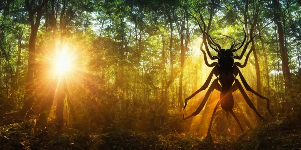 Image similar to a highly detailed giant ant god in the middle of a forest, beautiful ambient light, sun rays hitting the creature, golden hour, 8k photography