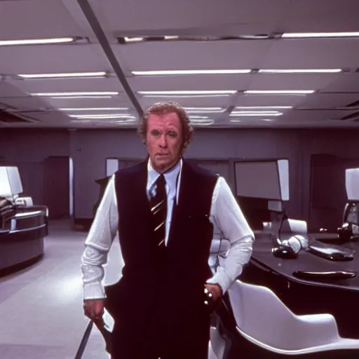 Image similar to an older corporate executive, film still from a ridley scott sci - fi movie, dark and beige atmosphere, dark science fiction from the 1 9 8 0 s