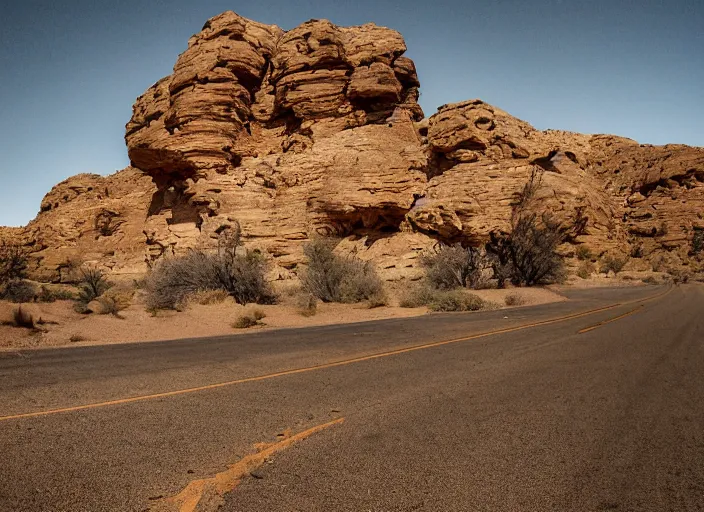 Image similar to in the dead of night, strange canyon road, strange look in your eyes, you shut them as we fly, as we fly, desert modernism aesthetic