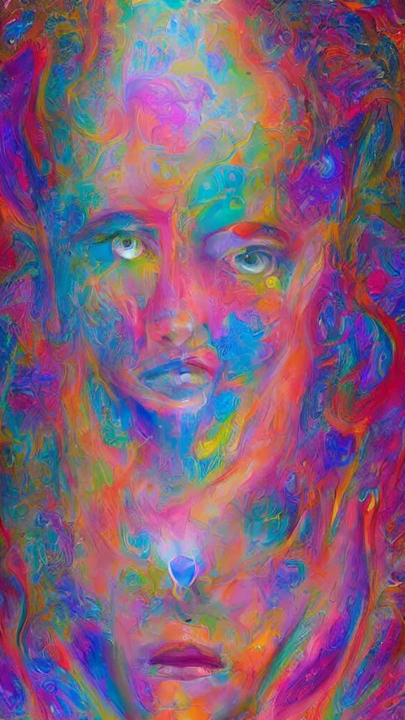 Prompt: hyperrealistic abstract close-up female! portrait Renaissance psychedelic!! celestial happy! pure creature!! peaceful! kind spirit of nature! beautiful fractal!! eyes! highly detailed concept art eric zener elson peter cinematic hard rainbow lighting high angle hd 8k sharp shallow depth of field endless, inspired by Zdzisław Beksiński Salvador Dali