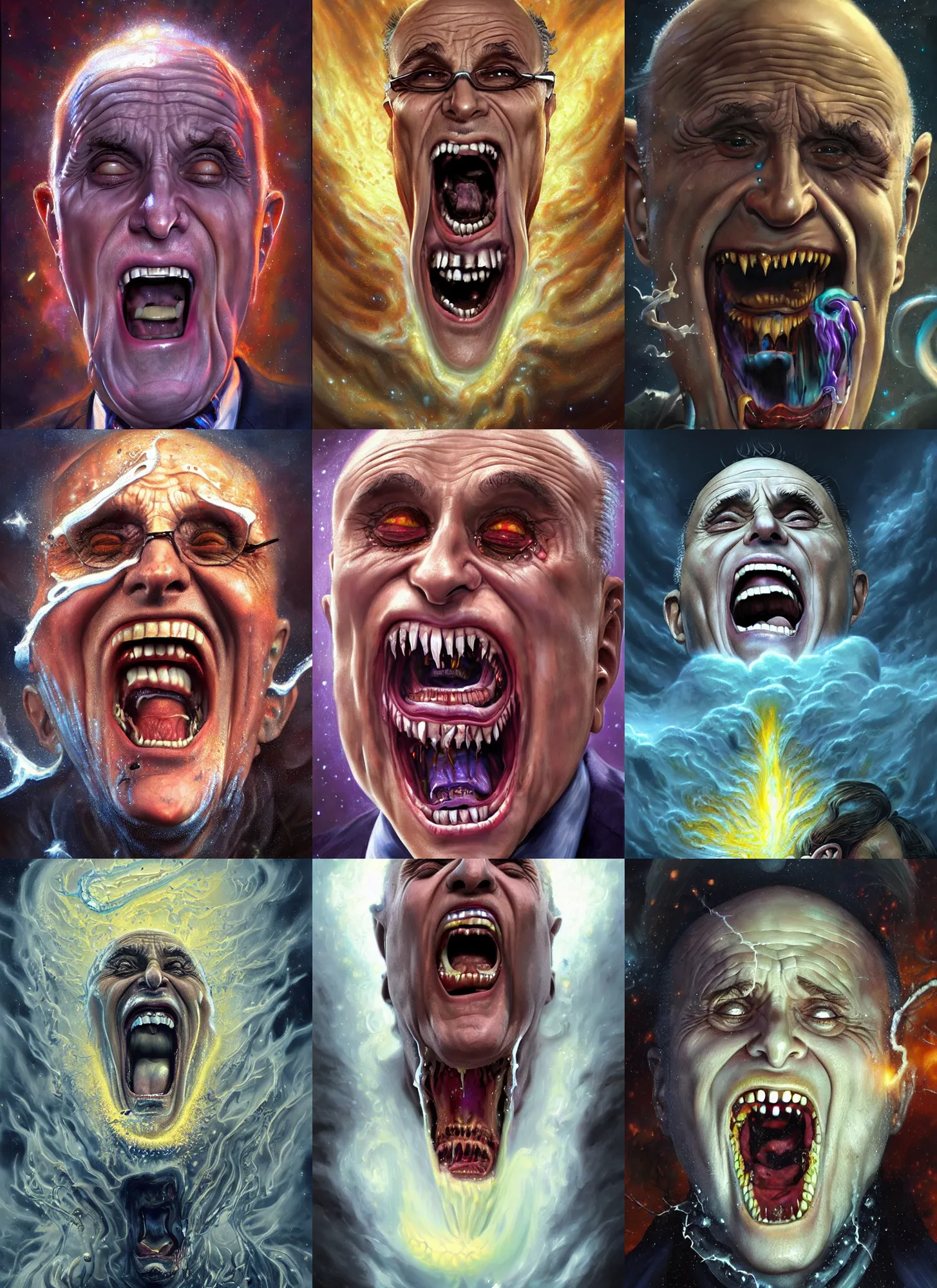 Prompt: rudy giuliani screaming and melting, cosmic horror painting, elegant intricate digital painting artstation concept art by mark brooks and brad kunkle detailed