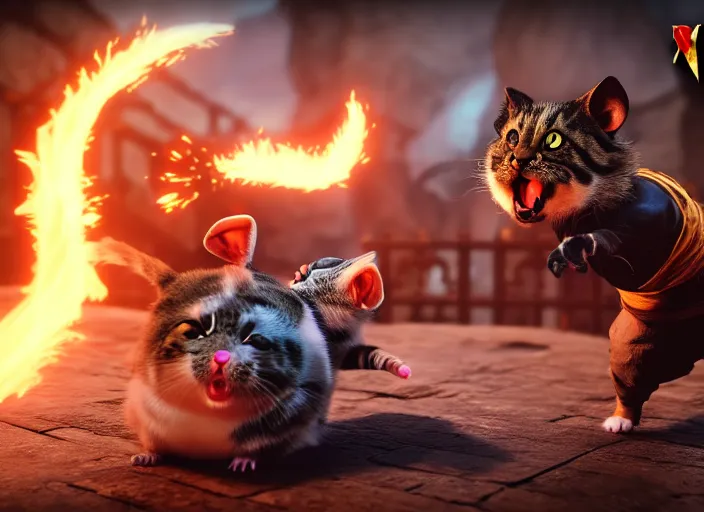 Image similar to hamster fights a cat in mortal kombat on the background of a laughing shao khan. fantasy magic style. highly detailed 8 k. intricate. lifelike. soft light. sony a 7 r iv 5 5 mm. unreal engine with nanite and path tracing