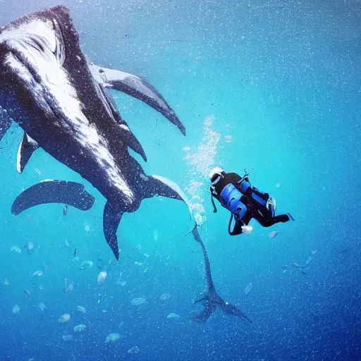 Prompt: a deepsea diver diving into a clear blue ocean surrounded by whales and sharks 4k high resolution