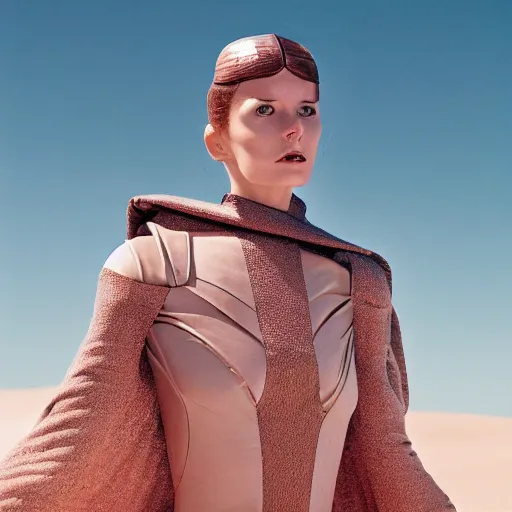 Image similar to Fashion photography of a woman wearing an outfit inspired by Dune (2021), artistic photography, cinematic lighting, insanely detailed, cinestill 800t, Vogue magazine