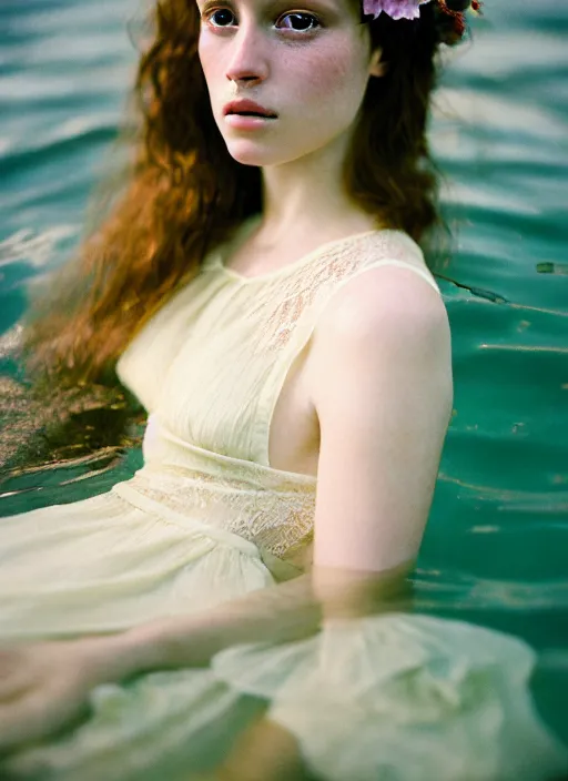 Image similar to Kodak Portra 400, 8K, soft light, volumetric lighting, highly detailed, britt marling style 3/4, portrait photography of a beautiful woman how pre-Raphaelites, half face in the water, ,a beautiful lace dress and hair are intricate with highly detailed realistic beautiful flowers , Realistic, Refined, Highly Detailed, natural outdoor soft pastel lighting colors scheme, outdoor fine art photography, Hyper realistic, photo realistic