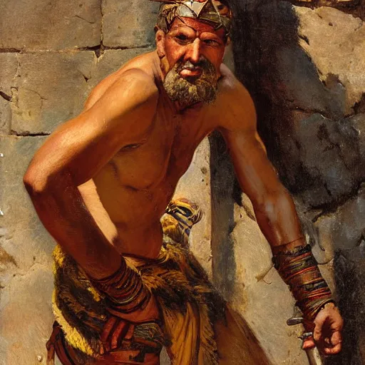 Image similar to a scrappy bronze age thief man, ancient mesopotamia, hiding, opportunistic expression, sword and sandal character portrait by theodore ralli and nasreddine dinet and anders zorn and nikolay makovsky and edwin longsden long