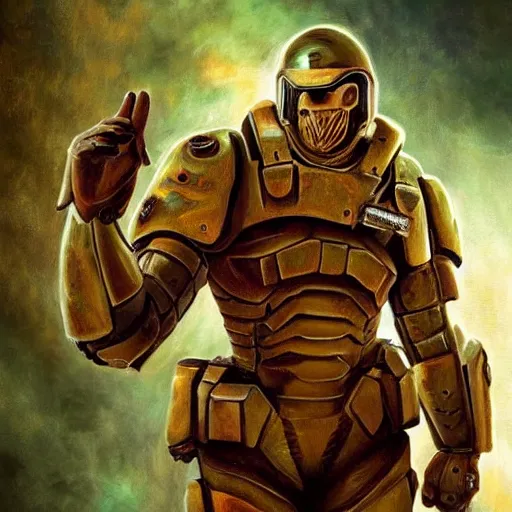 Image similar to Alan Ritchson as doomguy with no helmet, artstation hall of fame gallery, editors choice, #1 digital painting of all time, most beautiful image ever created, emotionally evocative, greatest art ever made, lifetime achievement magnum opus masterpiece, the most amazing breathtaking image with the deepest message ever painted, a thing of beauty beyond imagination or words, 4k, highly detailed, cinematic lighting