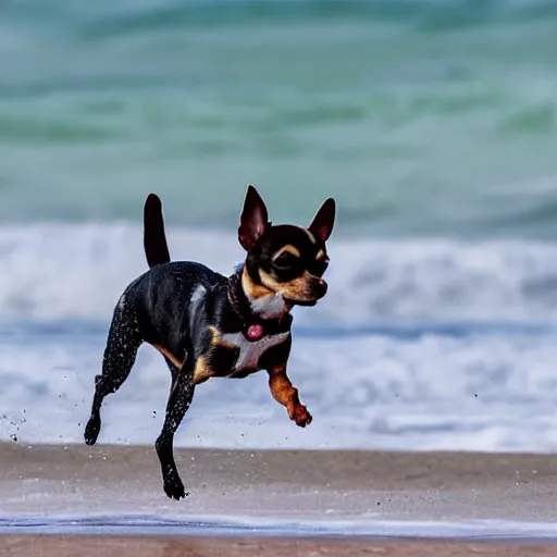 Image similar to a chihuahua running through the surf on the beach