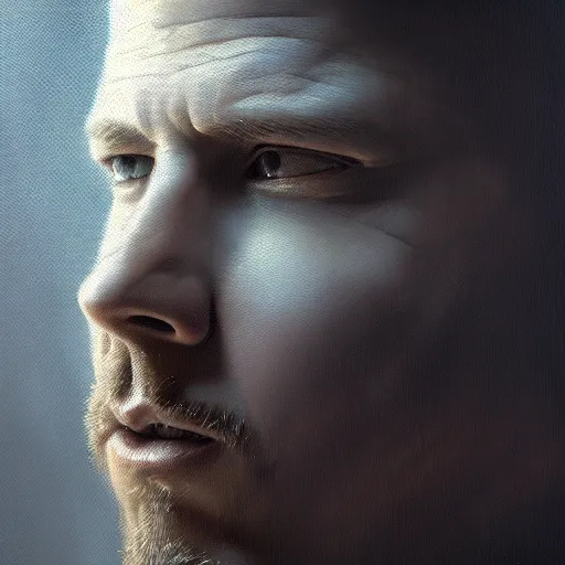 Prompt: a portrait of gareth reynolds, hyper realistic, octane render, by barlowe. masterpiece portrait painting. dark, moody,, abstract brush strokes,.