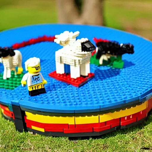 Image similar to lego sheep on a trampoline, toys, extremely detailed