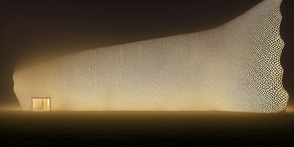 Image similar to white honeycomb organic illuminated building with warm illumination inside by kendall buster sits on the field evening atmosphere in low fog, 4 k, insanely quality, highly detailed, film still from the movie directed by denis villeneuve with art direction by zdzisław beksinski, telephoto lens, shallow depth of field