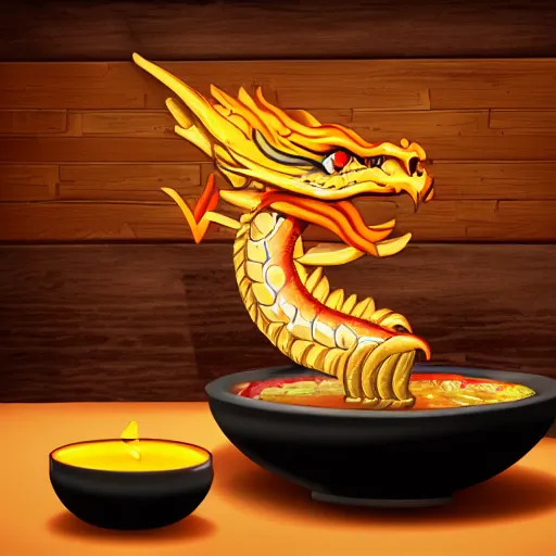 Prompt: western dragon slurping from a bowl of ramen in restaurant, traditional restaurant, wooden, candlelit, digital art