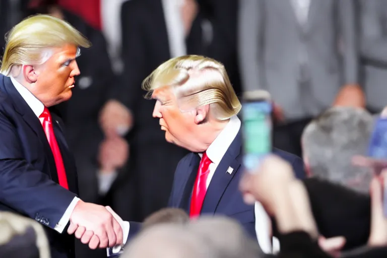 Image similar to press photo of donald trump shaking hands with a gray alien